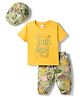 Dapper Dudes Knit Half Sleeves Text Printed T-Shirt & Lounge Pant Set with Cap - Green & Yellow