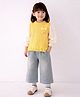 Little Surprise Box Blended Woven Full Puffed Sleeves Pom Pom Embellished Winter Top & Pant Set With Vest - Yellow