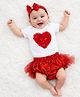 Tipy Tipy Tap Cotton Knit Half Sleeves Heart designed Ruffle Detailed Onesie With Tutu Styled Bloomer & Bow Applique  Headband - Red & White