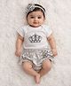 Tipy Tipy Tap Cotton Knit Half Sleeves Crown Designed Pearl Embellished Onesie With Tutu Styled Bloomer & Floral Applique Headband - Grey & White