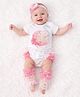 Tipy Tipy Tap Cotton Knit Half Sleeves Flamingo Lace Detailed Onesie With Bloomer Floral Applique Headband & Legwarmers - Pink & White