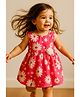 KIDSDEW Cotton Woven Sleeveless Floral Printed & Applique Detailed Dress - Pink
