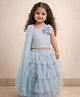 KIDSDEW Net Woven Sleeveless Glitter Embellished Floral Applique Detailed Layered Lehenga Choli Set With Dupatta - Blue