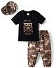 Dapper Dudes Knit Half Sleeves Text Printed T-Shirt & Lounge Pant Set with Cap - Brown