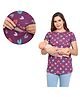 Mama & Bebe Knitted Knit Half Sleeves Hearts Printed Maternity Tee With Overlap Zipper Nursing Access - Purple