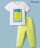 Honeyhap Premium Cotton Knit Half Sleeves Sports Theme Printed T-Shirt & Pyjama Night Suit - Bright White & Yellow Plum