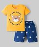 Babyhug Cotton Knit Half Sleeves T-Shirt & Shorts Night Suit With Teddy Bear Print - Yellow