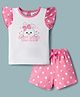 Doodle Poodle 100% Single Jersey Knit Frill Sleeves T-Shirt & Shorts Night Suit with Polka Dot & Bunny Print - Pink & White