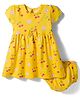 Babyhug 100% Cotton Knit Half Sleeves Floral & Cherry Printed Frock With Bow Applique & Bloomer - Yellow