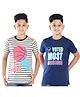 Clothe Funn Cotton Knit Pack Of 2 Half Sleeves Striped Rise Above & Voted Most Handsome Text Printed Tees - Navy Blue Grey & Black