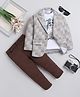 Fourfolds Cotton Blend Woven Full Sleeves Abstract Printed Blazer & Trousers With Tee Set - Beige
