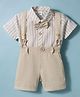 Mom's pet Cotton Knit Solid Dungaree With Half Sleeves Striped Shirt & Bow Set - Brown