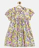 Campana Rayon Woven Half Sleeves Floral Printed Dress - Lemon Yellow & Pink