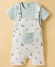 Pink Rabbit Interlock Knit Half Sleeves T-Shirt with Dino Printed Dungaree Style Romper - Green