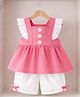POP STREET KIDS Cotton Blend Woven Flutter Sleeves Floral Applique Detailed Frock Style Top & Shorts Set - Pink