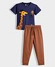 Orange Sugar 100% Cotton Knit Half Sleeves Giraffe Printed Tee & Joggers Night Suit - Blue & Brown