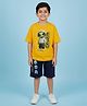 Kiddopanti Cotton Knit Half Drop Shoulder Sleeves Alien Printed Tee & Cargo Shorts Set - Yellow & Navy Blue