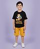 Kiddopanti Cotton Knit Half Drop Shoulder Sleeves Fox Printed Tee & Cargo Shorts Set - Black & Mustard