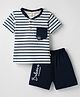 Mini Donuts Single Jersey Knit Half Sleeves Striped T-Shirt & Shorts Set with Text Print - Navy Blue