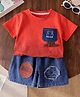 POP STREET KIDS Cotton Blend Knit Half Sleeves Bear Applique  Detailed Tee & Shorts Set - Red