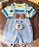 POP STREET KIDS Cotton Blend Denim Bear Face Applique Detailed Dungaree With Half Sleeves Striped Tee - Green