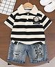 POP STREET KIDS Cotton Blend Knit Half Sleeves Striped Polo Tee & Shorts Set - Black