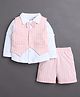 Bumzee Cotton Woven Full Sleeves Striped Shirt & Shorts Set with Waistcoat & Suspender - White & Pink