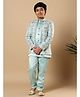 BT DEZINES Satin Woven Solid Sherwani & Pants With Sequins Embellished Leaf Embroidered Jacket - Aqua Blue