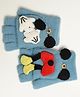 Petite and Posh Woollen Blend Woven Cartoon Applqiue Detailed Winter Gloves - Blue