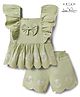 Arias Cotton Woven Frill Sleeves Top & Shorts Set with Floral Embroidery & Bow Applique - Light Green