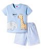 Babyhug Cotton Knit Half Sleeves T-Shirt & Shorts Night Suit With Elephant & Giraffe Print - Blue