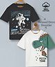 Plum Tree 100% Cotton Knit Pack Of 2 Half Raglan Sleeves Space Theme & Dinosaur Printed Oversized Tees - Off White & Black Charcoal