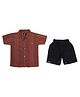 CRUNCHY NACHOS Woven Half Sleeves Abstract Embroidered Shirt & Shorts Set - Coffee Brown