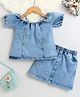 Bright Stars KIDSWEAR Denim Woven Half Sleeves Pearl Embellished Top & Skirt Set - Blue