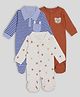PREKIES Cotton Knit Pack Of 3 Full Sleeves Striped & Teddy Bear Printed Footed Sleepsuit - Multi Colour