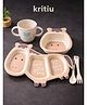 Kritiu Kids Bamboo Fiber Feeding Plate Set with Bowl, Spoon, Fork & Cup 5 Piece Baby Dinnerware Set (Cow Shape Theme)