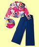 OLLINGTON ST.Cotton Lycra Knit Full Sleeves Floral Printed Full Sleeves Top & Pant Set  - Multicolor & Navy Blue