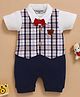 Wonderchild Half Sleeves Bow Applique Detailed Romper With Checked Attached Waistcoat - White & Navy Blue