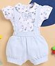 Wonderchild Half Sleeves Bow Applique Detailed & Floral Printed Top With Solid Gallice Shorts - White & Blue