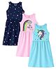 KUCHIPOO Cotton Blend Knit Pack Of 3 Sleeveless Floral Unicorn & Hearts Printed Dress - Multi Colour