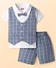 Babyhug Cotton Knit Half Sleeves T-Shirt & Shorts With Attached Checks Waistcoat & Bow - Blue