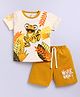 Little Ninja Cotton Knit Half Sleeves Leaves & Frog Printed Tee & Shorts Set - Mustard