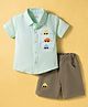 Be Baby Cotton Knit Half Sleeves Shirt & Shorts Set with Car Patch Detailing - Khaki & Sea Green
