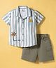 Be Baby Cotton Knit Half Sleeves Striped Shirt & Shorts Set with Coconut Tree Patch Detailing - Olive & Dark Olive