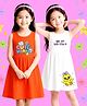 NUSYL Pure Cotton Knit Pack Of 2 Sleeveless Duck & Cute Happy Text Printed Dresses - Orange & White