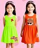 NUSYL Pure Cotton Knit Pack Of 2 Sleeveless Girl & Cutie Pie  Text Printed Dresses - Green & Orange