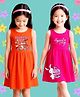 NUSYL Cotton Knit Pack Of 2 Sleeveless Bunny & Bear Printed Dresses - Orange & Dark Pink