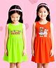 NUSYL Cotton Knit Pack Of 2 Sleeveless Sweet Text Printed Dresses - Green & Orange