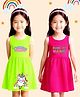 NUSYL Cotton Knit Pack Of 2 Sleeveless Unicorn & Dream Text Printed Dresses - Green & Dark Pink