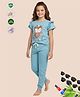 TRESNOVA Cotton Knit Half Sleeves Glitter Embellished Owl Printed Antimicrobial Finish Tee & Joggers Set - Teal Blue